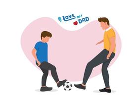 ragazzo e suo padre giocano a calcio nel parco giochi. concetto di paternità un padre allegro gioca con il suo bambino. illustrazione vettoriale di cartone animato in stile piatto