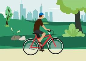 uomo in bicicletta nel parco. concetto di stile di vita sano. allenamento sportivo. fitness. illustrazione vettoriale. piatto. vettore