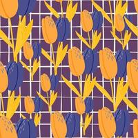 modello senza cuciture del tulipano luminoso di estate casuale. fiori gialli e indaco su sfondo a scacchi viola. vettore