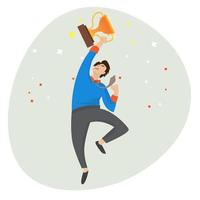 l'uomo d'affari stava festeggiando e saltando con un trofeo in mano, godendosi le vittorie negli affari. illustrazione vettoriale di successo del concetto di business