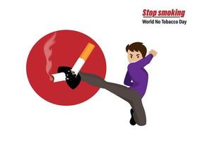 31 maggio poster per la giornata mondiale senza tabacco un uomo sta lottando per smettere di fumare. poster per non fumatori vettore di cartoni animati per non fumatori