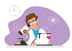 uno scienziato che lavora in un personaggio maschile di laboratorio che fa un'illustrazione vettoriale di un esperimento al microscopio in stile piatto