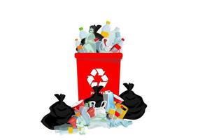 spazzatura di plastica rossa e un sacco di rifiuti di plastica Il mucchio di rifiuti di plastica è riciclabile. vettore