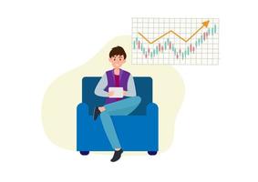 uomo d'affari seduto sul divano con ipad gioco stock e con grafico di crescita illustrato promozione seo marketing illustrazione vettoriale isolato