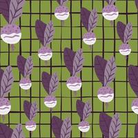 modello di ravanello senza cuciture casuale. doodle ornamento vegetale in colore viola su sfondo a scacchi verde. vettore