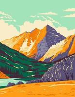 campane marrone rossiccio nelle montagne degli alci picco marrone rossiccio e picco marrone rossiccio nord in colorado wpa poster art vettore