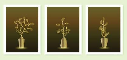 collezione di arte botanica di lusso con vaso. disegno foglia d'oro. utilizzare per stampe artistiche, copertine, poster, wall art vettore