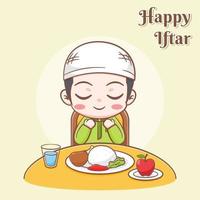 felice biglietto di auguri iftar con un ragazzo carino che prega per avere i pasti fumetto illustrazione vettore