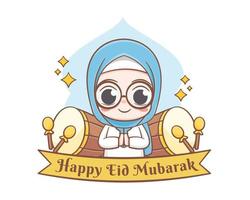 cartolina d'auguri di eid mubarak con l'illustrazione del fumetto della ragazza musulmana sveglia vettore