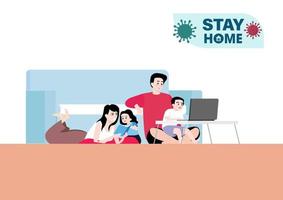 famiglia felice a casa, madre, padre, figlio e figlie sono al sicuro e prevengono la diffusione del coronavirus a casa, comunicazione genitore-figlio. vettore di illustrazione piatta