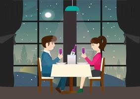 coppia romantica incontri cena maschile invita le donne a bere vino d'uva al tavolo da pranzo nella stanza buia vicino alla finestra con vista della luna nel cielo notturno. illustrazione vettoriale dei cartoni animati