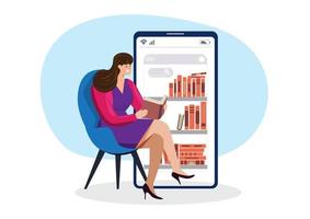 il personaggio femminile che ha cercato libri da leggere dai telefoni cellulari nel mondo online. concetto di biblioteca della biblioteca del mondo di internet. illustrazione vettoriale di cartone animato in stile piatto.