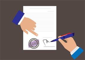 la mano degli uomini d'affari indica dove firmare un contratto, documenti legali o modulo di domanda. illustrazione del fumetto piatto. vettore