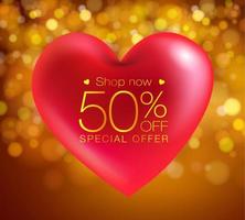 l'offerta di vendita speciale di San Valentino con cuori rossi realistici su fondo oro può essere utilizzata in poster, sfondi, opuscoli, volantini, inviti, banner, modelli, file vettoriali realistici.
