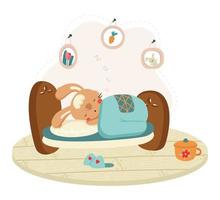 coniglietto simpatico cartone animato che dorme nel letto. personaggio animale divertente per il design dei bambini. illustrazione vettoriale piatta.