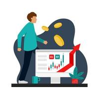 il trader tiene traccia dei grafici al computer. trading, quotazioni, azioni, concetto di investimento. illustrazione vettoriale cartone animato piatto