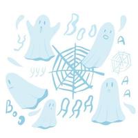 impostare il fantasma con il web su sfondo bianco. cartone animato spirito carino, web, fischio in stile doodle. vettore