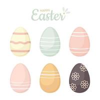set di uova colorate di Pasqua isolate su sfondo bianco. uovo per le vacanze con motivi dipinti di cerchi, linee, fiori. festa di Primavera. vettore