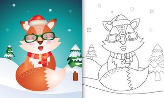 libro da colorare con una simpatica volpe con personaggi natalizi con cappello da Babbo Natale e sciarpa vettore