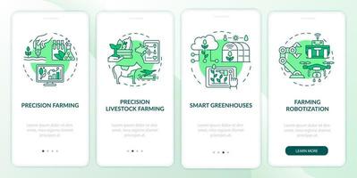 schermo dell'app mobile per l'onboarding del verde dell'agricoltura digitale. guida alle serre intelligenti pagine di istruzioni grafiche in 4 passaggi con concetti lineari. ui, ux, modello gui. sono stati utilizzati una miriade di caratteri normali in grassetto vettore