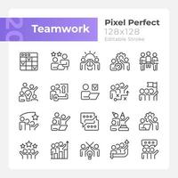 set di icone lineari perfette pixel di lavoro di squadra. cooperazione su progetto. collaborazione per obiettivi di lavoro. simboli di linee sottili personalizzabili. illustrazioni di contorno vettoriale isolate. tratto modificabile