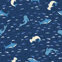 squali senza cuciture su sfondo blu. simpatica stampa con martello, balena, squalo bianco e pesci. vettore
