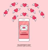 illustrazione di san valentino. inviare o ricevere sms d'amore, lettere, e-mail con il cellulare. cellulare bianco isolato su sfondo. busta, cuore rosso volante con le ali. design piatto, icona vettore. vettore