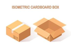 set di cartone isometrico 3d, scatola di cartone isolata su sfondo bianco. pacchetto di trasporto in negozio, concetto di distribuzione. disegno del fumetto vettoriale