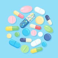 set di pillole, medicine, farmaci. compresse antidolorifiche, vitamine, antibiotici farmaceutici. background medico. disegno del fumetto vettoriale