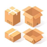 set di cartone isometrico 3d, scatola di cartone isolata su sfondo bianco. pacchetto di trasporto in negozio, concetto di distribuzione. disegno del fumetto vettoriale