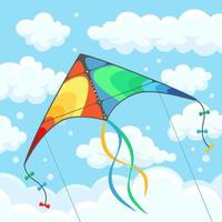 aquilone colorato volante nel cielo con nuvole isolate sullo sfondo. festival estivo, vacanze, tempo di vacanza. concetto di kitesurf. illustrazione vettoriale. design piatto del fumetto