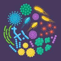 insieme di batteri, microbi, virus, germi. oggetto patogeno isolato su sfondo. microrganismi batterici, cellule probiotiche. disegno del fumetto vettoriale. vettore