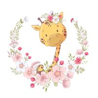 Manifesto della cartolina carino piccola giraffa in una corona di fiori. Disegno a mano Vettore