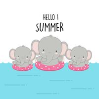 Ciao estate simpatico cartone animato elefante. vettore