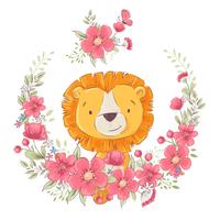 Cartolina poster carino leon piccolo in una corona di fiori. Disegno a mano Vettore