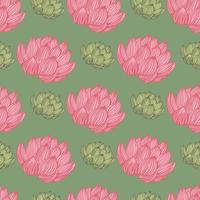 contrasto senza cuciture con stampa di elementi di loto rosa. sfondo verde. opere d'arte della fioritura estiva della natura. vettore