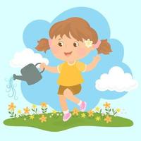 bambina che innaffia i fiori del giardino in primavera vettore