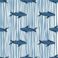 motivo decorativo senza cuciture con forme di squalo blu navy. sfondo a righe bianche e blu. semplice stampa. vettore