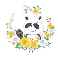 Poster cartolina carino piccolo panda in una corona di fiori. Disegno a mano Vettore