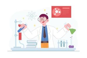 idea di illustrazione vettoriale del concetto di scienza per modello di pagina di destinazione, scienziato nella ricerca di esperimenti di laboratorio, biologia, chimica, conoscenza della fisica innovazione scientifica. stile piatto disegnato a mano