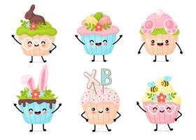 simpatici cupcakes di pasqua kawaii in stile cartone animato vettore