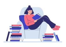 una ragazza seduta su una sedia che legge un libro.concetto di apprendimento e ricreazione. stile cartone animato, caricatura vettore