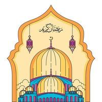 forma elegante del ramadan kareem con moschea. calligrafia araba del ramadan kareem. vettore