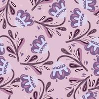 fiori popolari astratto modello senza cuciture con ornamento viola. sfondo rosa. scarabocchio stampa botanica. vettore