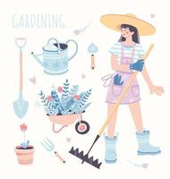 set da giardino. illustrazioni di attrezzi da giardino per la coltivazione e la cura delle piante. raccolta di simpatici elementi grafici e ragazza giardiniere. vettore in stile cartone animato. tutti gli oggetti sono isolati