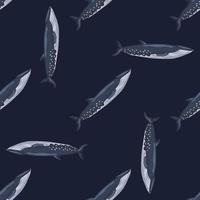 modello senza cuciture sei balena su sfondo nero. modello di personaggio dei cartoni animati dell'oceano per tessuto. vettore