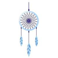 Dreamcatcher morbido colore blu con piuma su sfondo bianco. elementi creativi prima di coricarsi per lo stile di vita in stile piatto. vettore