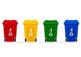 quattro colorati bidoni di plastica riciclata ci sono bidoni della spazzatura rossi, gialli, verdi e blu con simboli di rifiuti riciclabili e persone che gettano rifiuti. vettore di illustrazione del fumetto in stile piatto