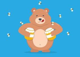 vettore personaggio dei cartoni animati orso in mano che abbraccia un barattolo di miele e api che volano intorno al nettare. vettore di illustrazione del fumetto in stile piatto.