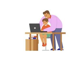 papà insegna al figlio a fare i compiti attraverso il laptop - personaggi dei cartoni animati illustrazione isolati su sfondo bianco. vettore